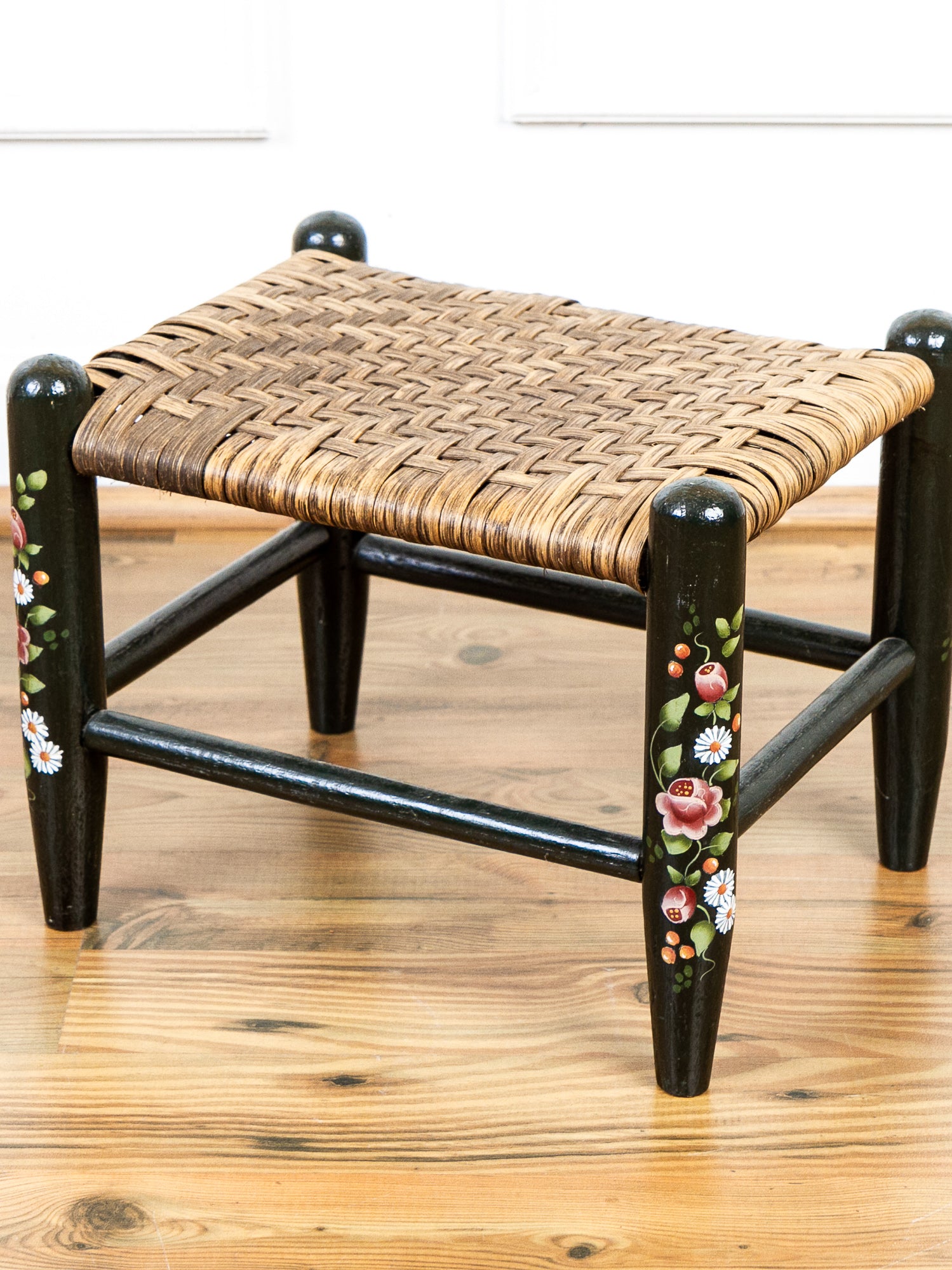 Hand-Painted Country Wooden Footstool with Woven Reed Seat