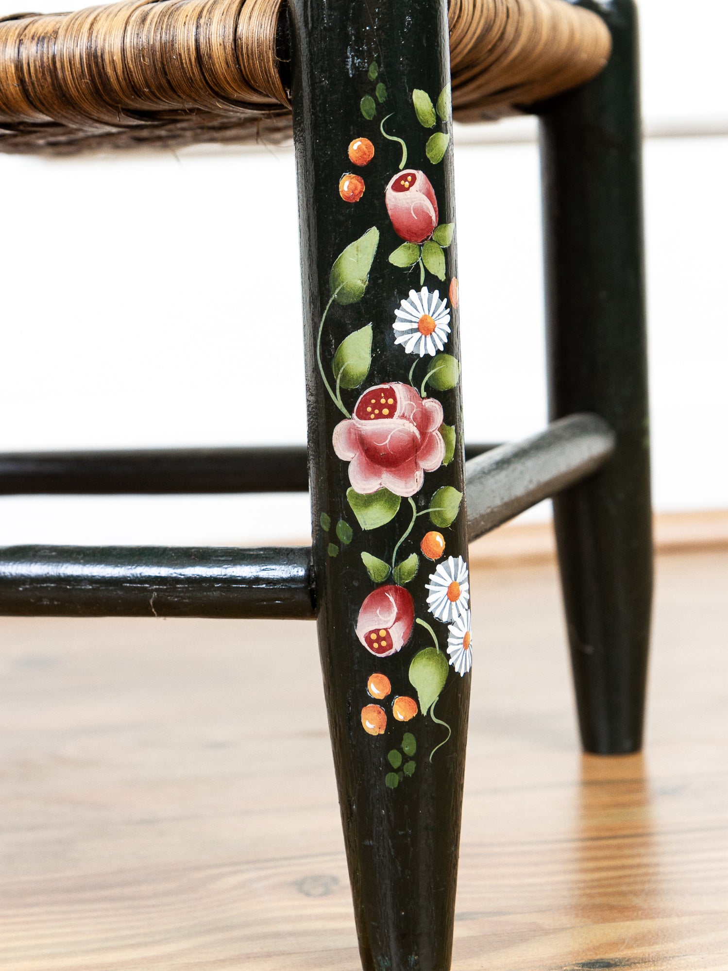 Hand-Painted Country Wooden Footstool with Woven Reed Seat