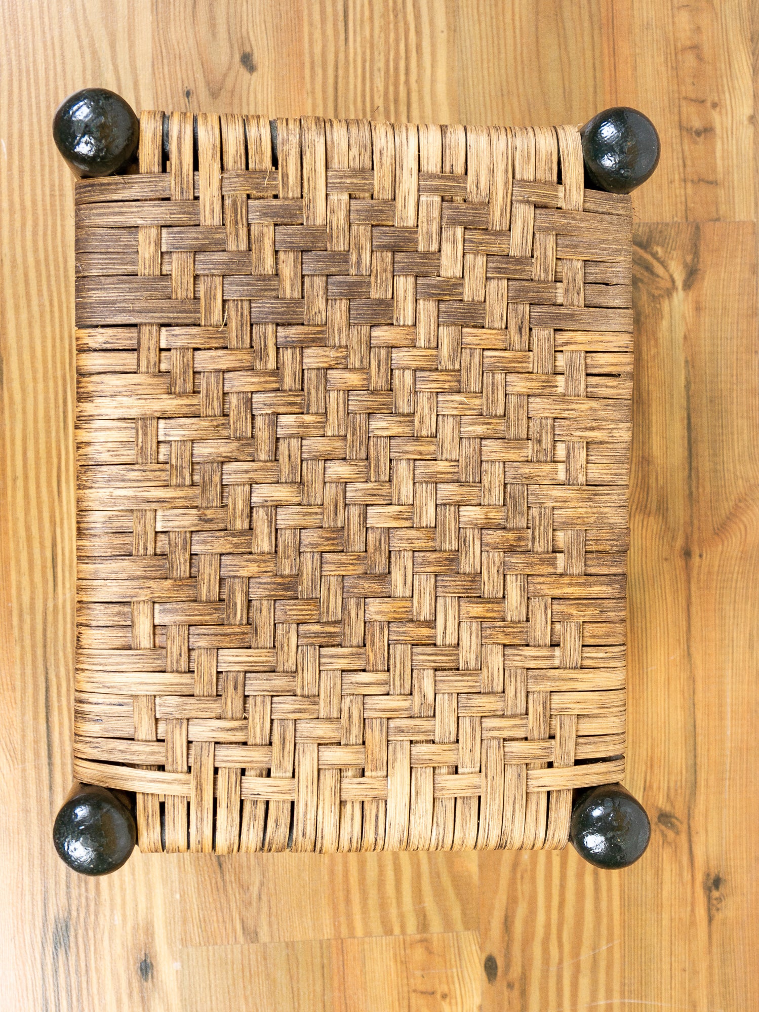 Hand-Painted Country Wooden Footstool with Woven Reed Seat
