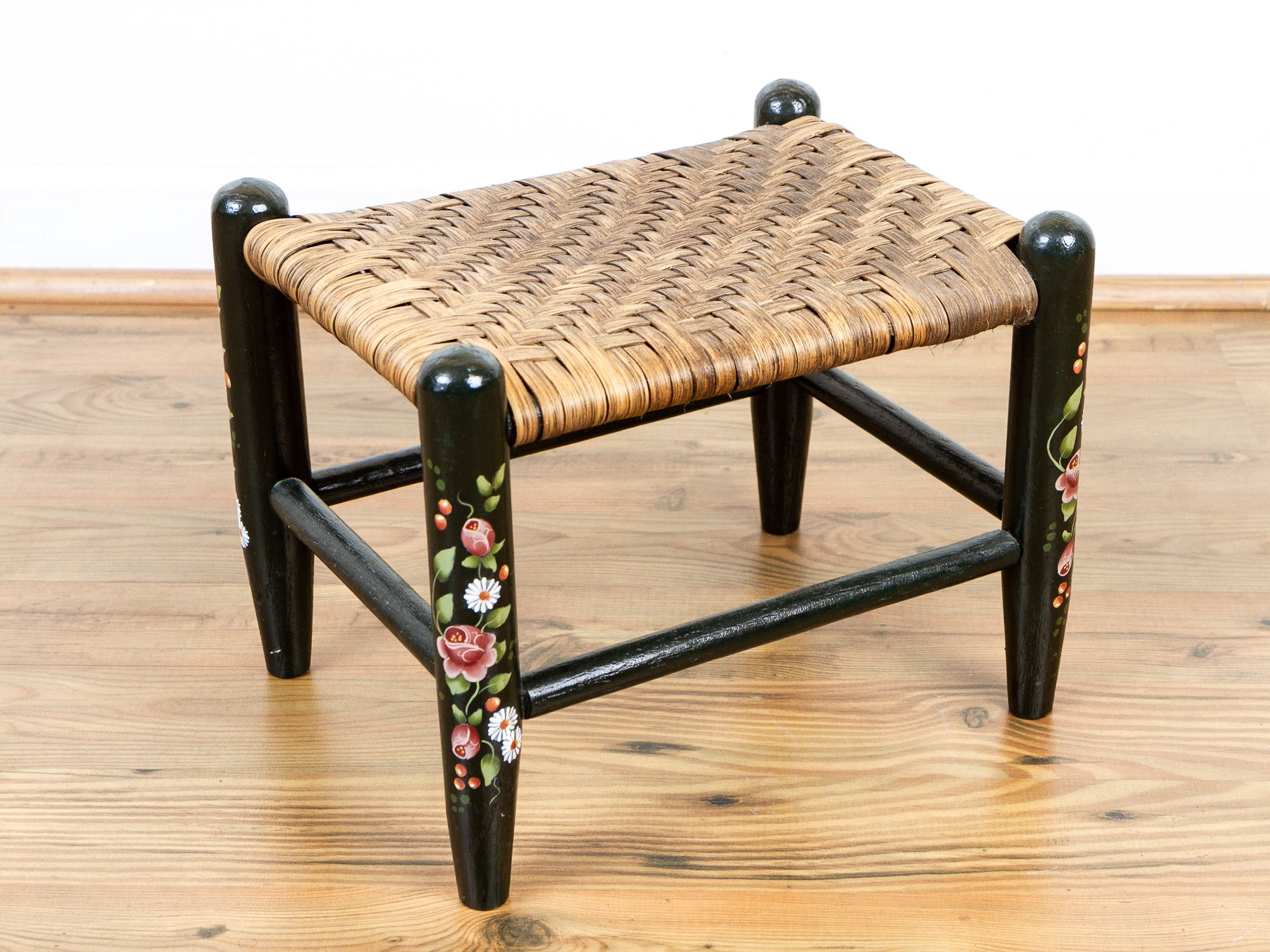 Hand-Painted Country Wooden Footstool with Woven Reed Seat
