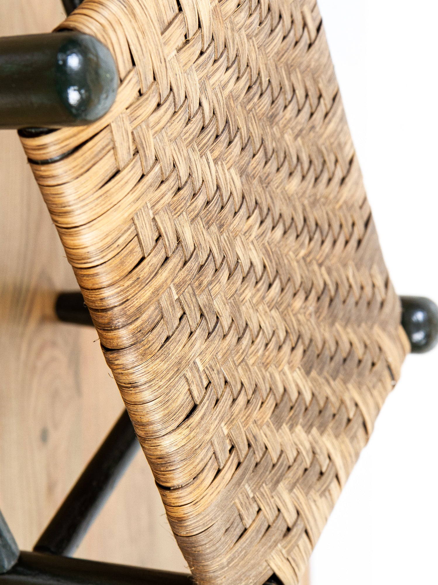 Hand-Painted Country Wooden Footstool with Woven Reed Seat