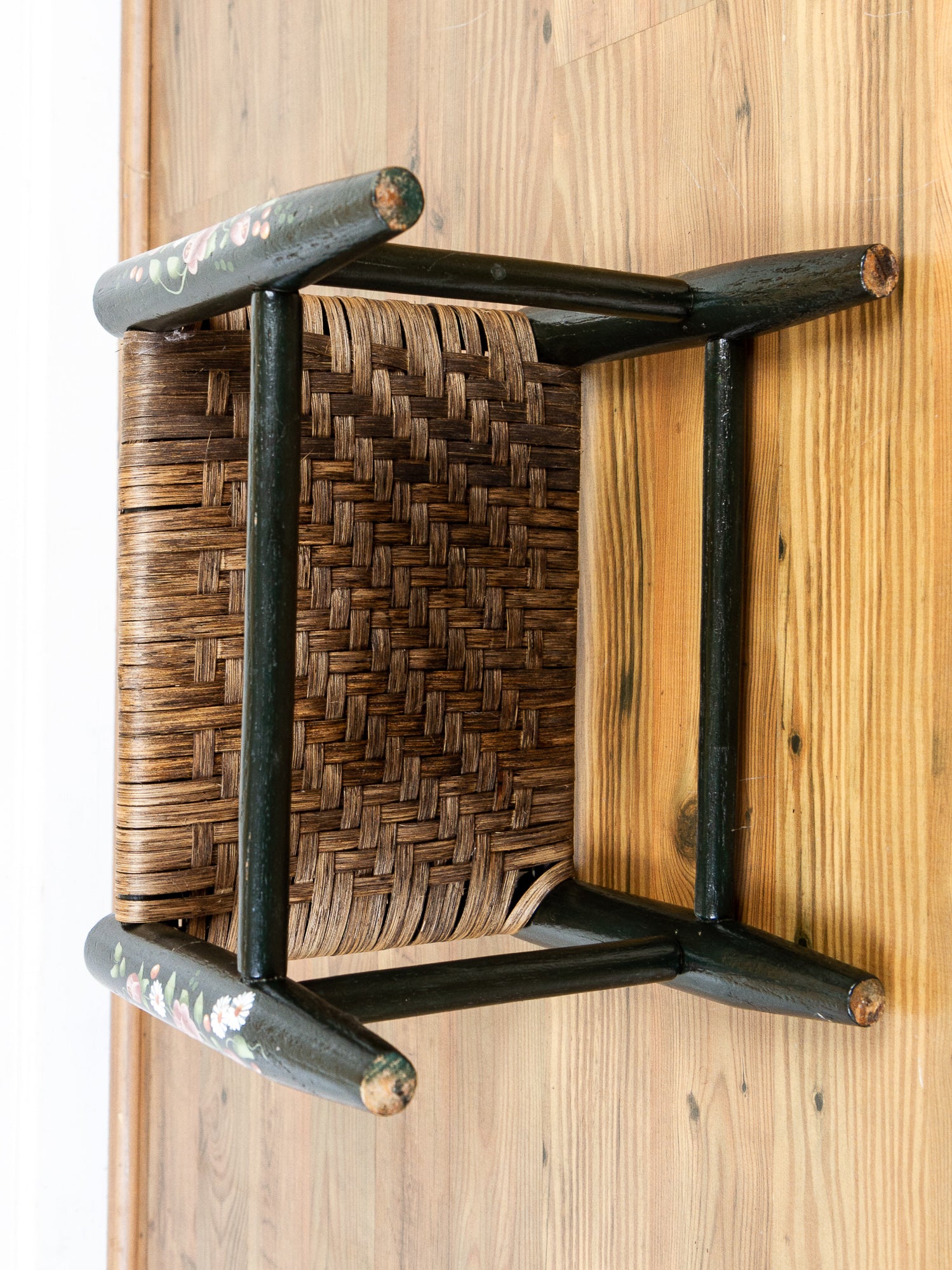 Hand-Painted Country Wooden Footstool with Woven Reed Seat