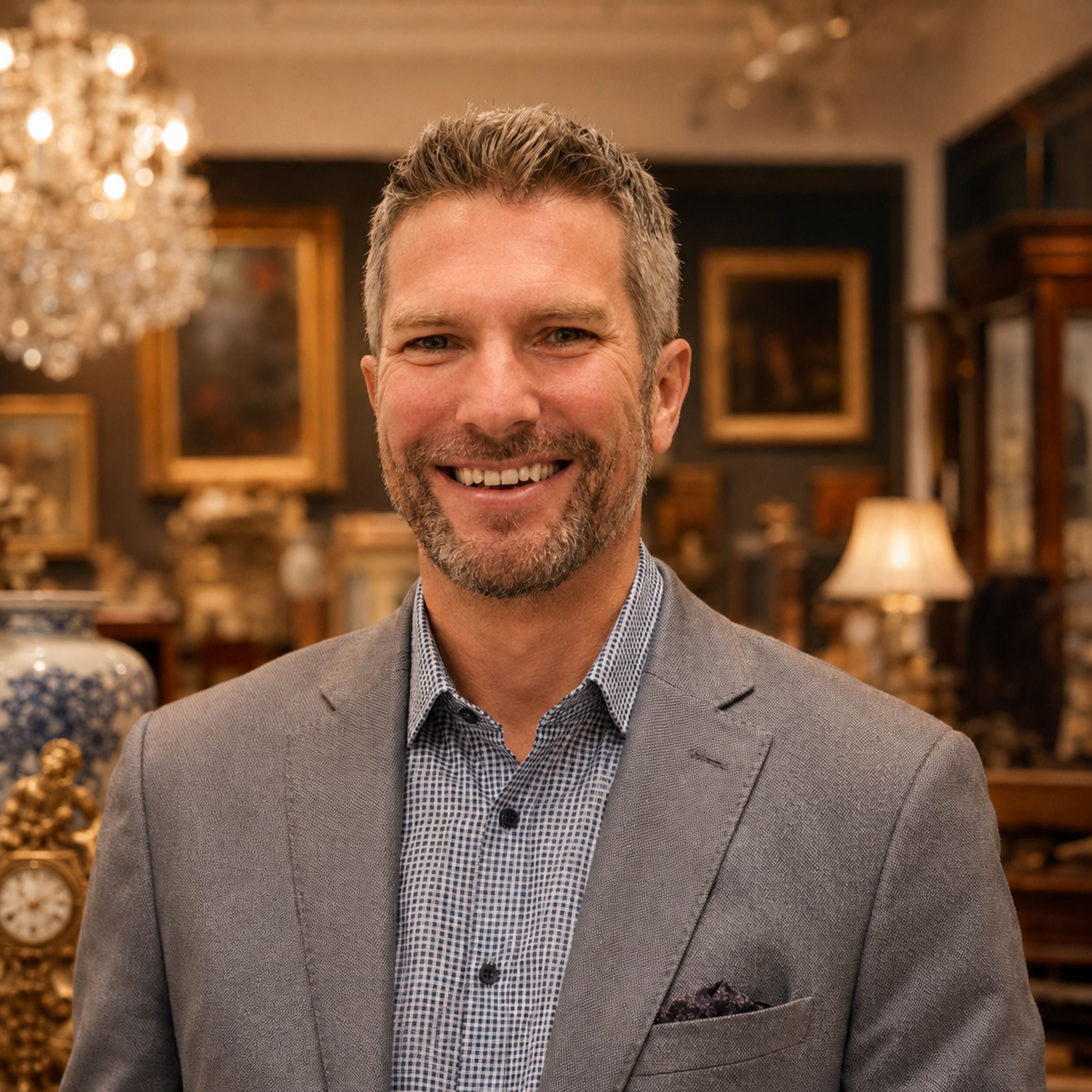Man in a gray suit standing in an elegant room with chandeliers and paintings.
