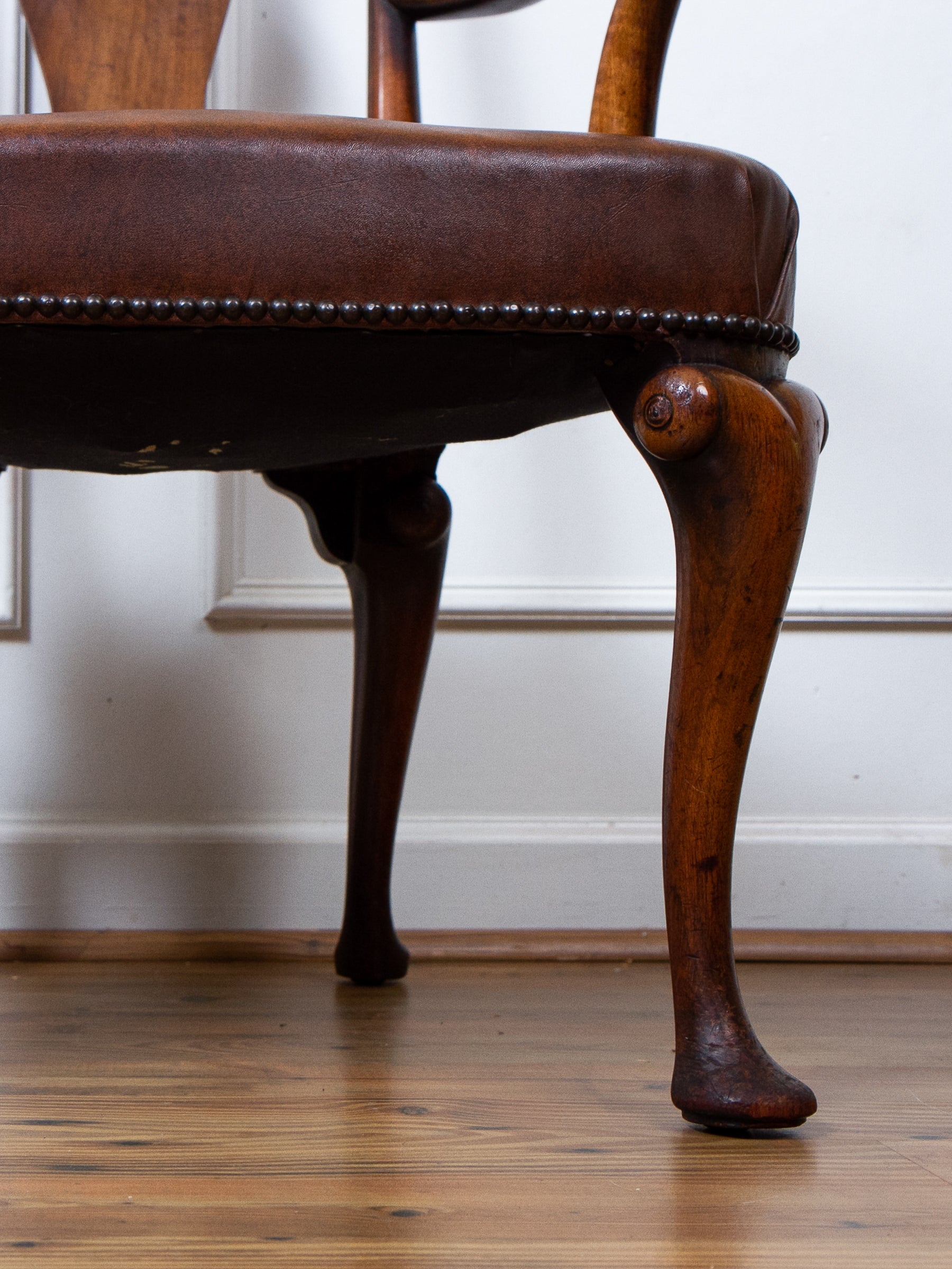 Early 18th Century English Georgian Walnut Queen Anne Shepherds Crook Arm Chair.