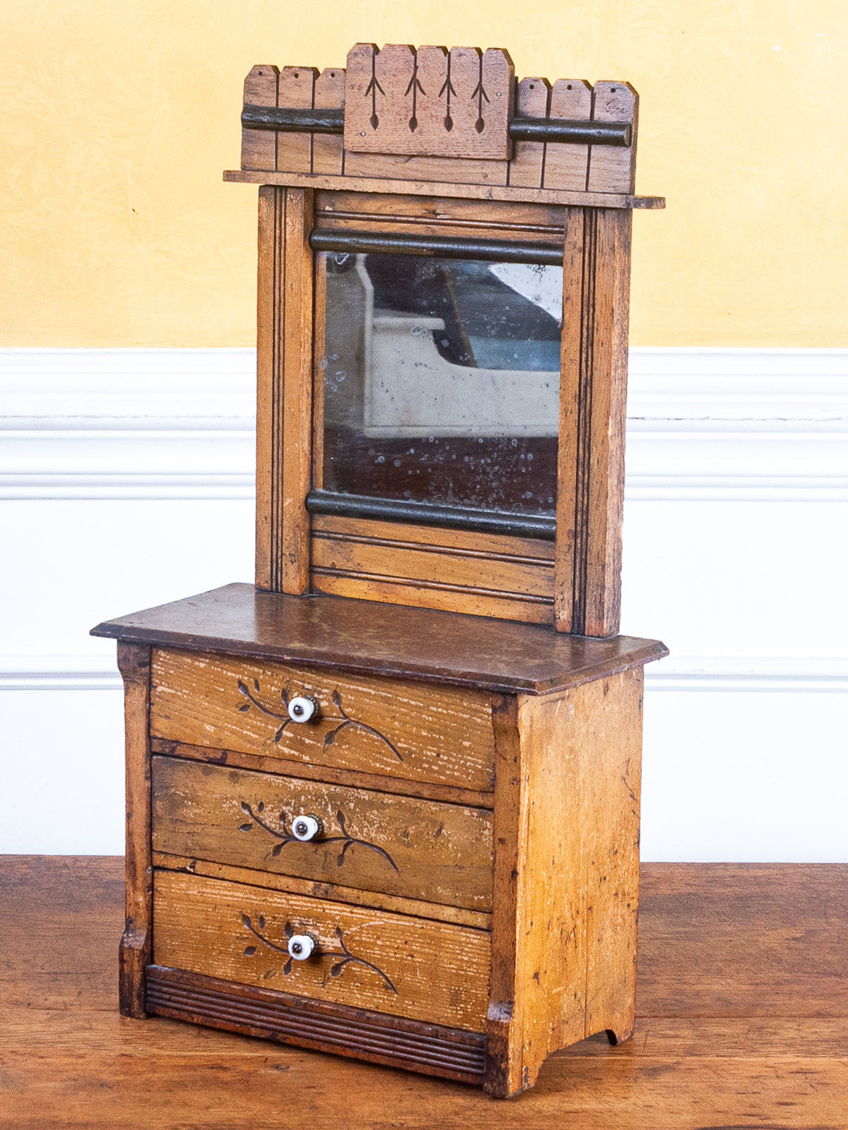 Miniature Arts & Crafts Style Mirror-Back Dresser with Hand-Carved Drawers
