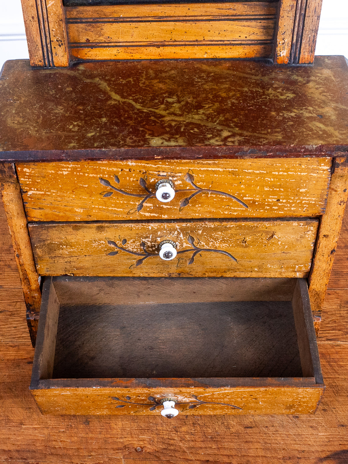 Miniature Arts & Crafts Style Mirror-Back Dresser with Hand-Carved Drawers