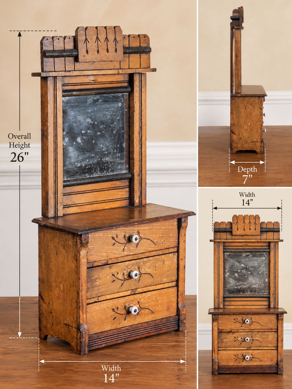 Miniature Arts & Crafts Style Mirror-Back Dresser with Hand-Carved Drawers