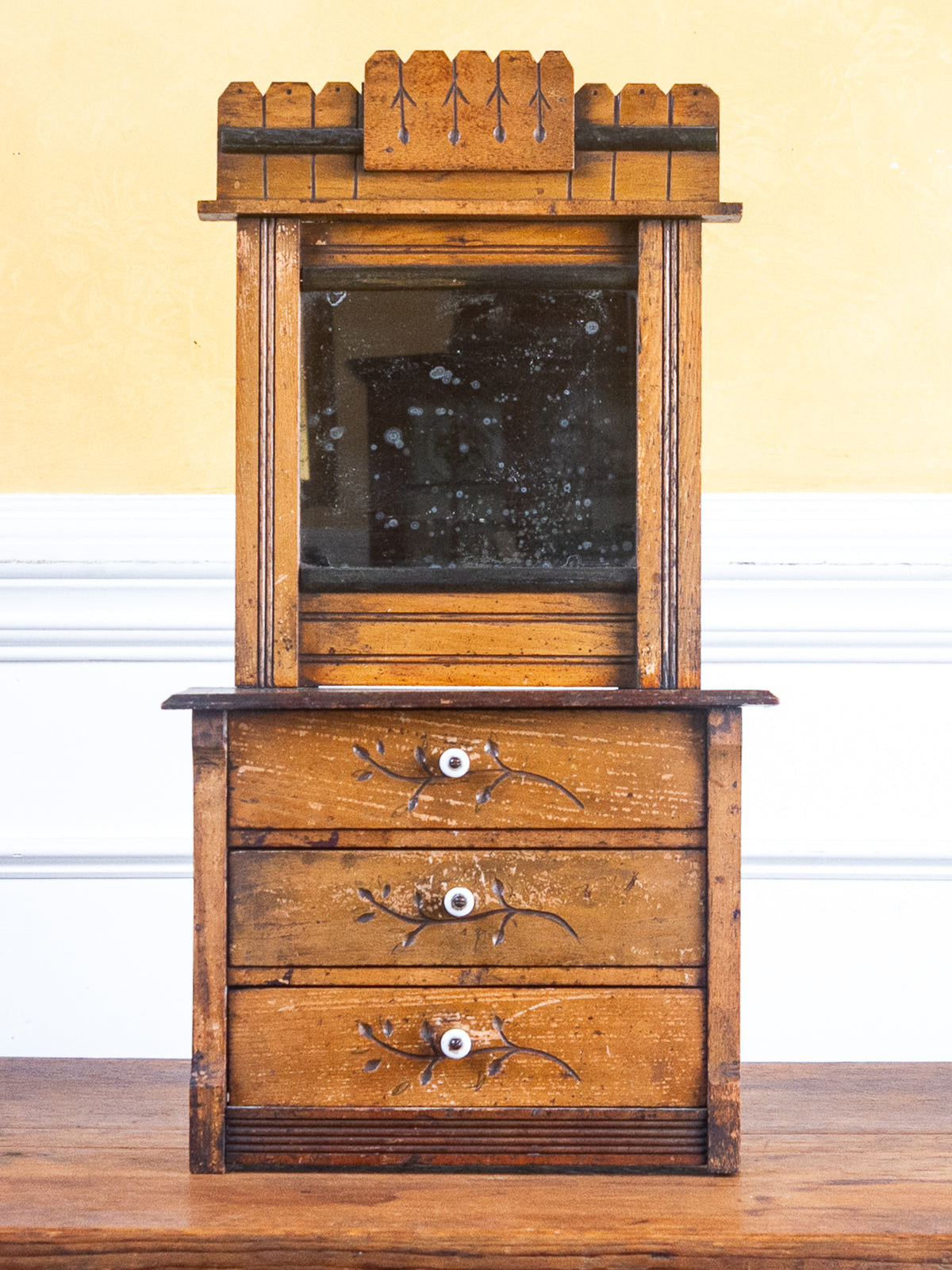 Miniature Arts & Crafts Style Mirror-Back Dresser with Hand-Carved Drawers