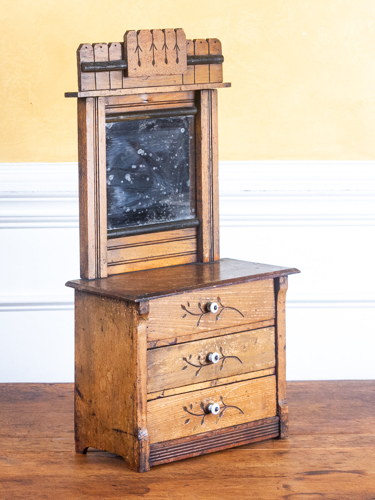 Miniature Arts & Crafts Style Mirror-Back Dresser with Hand-Carved Drawers