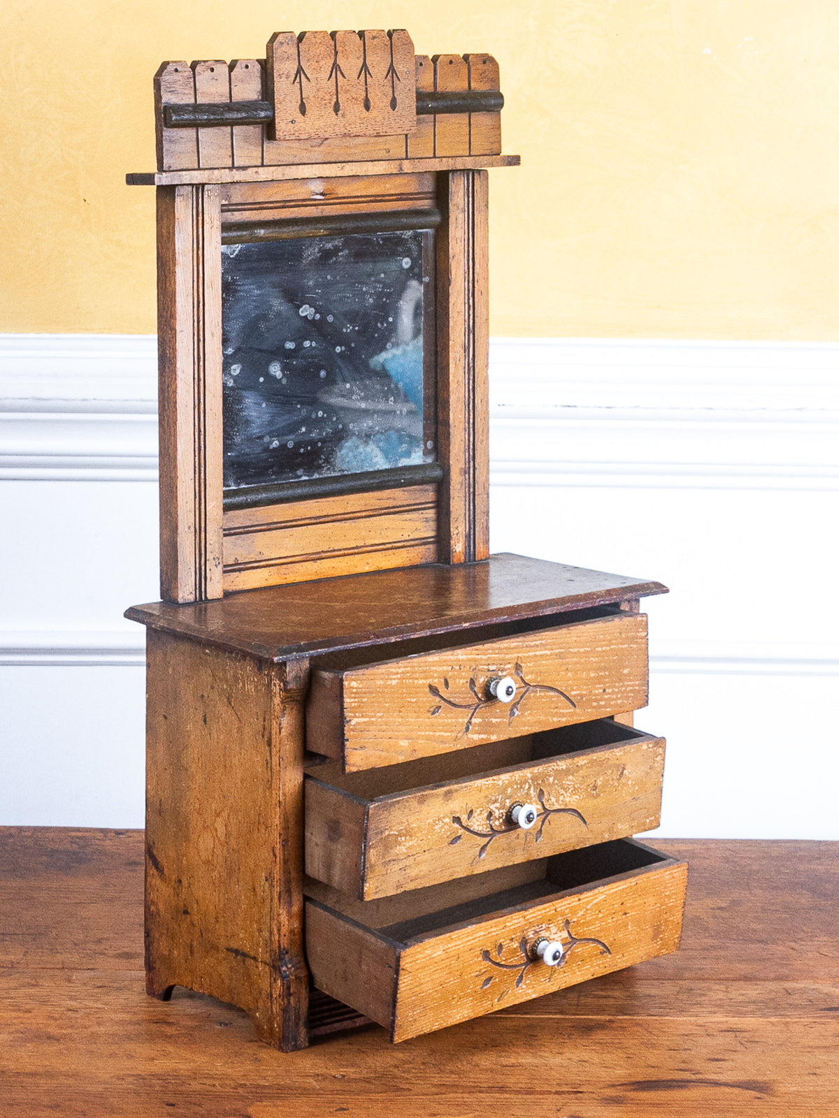 Miniature Arts & Crafts Style Mirror-Back Dresser with Hand-Carved Drawers