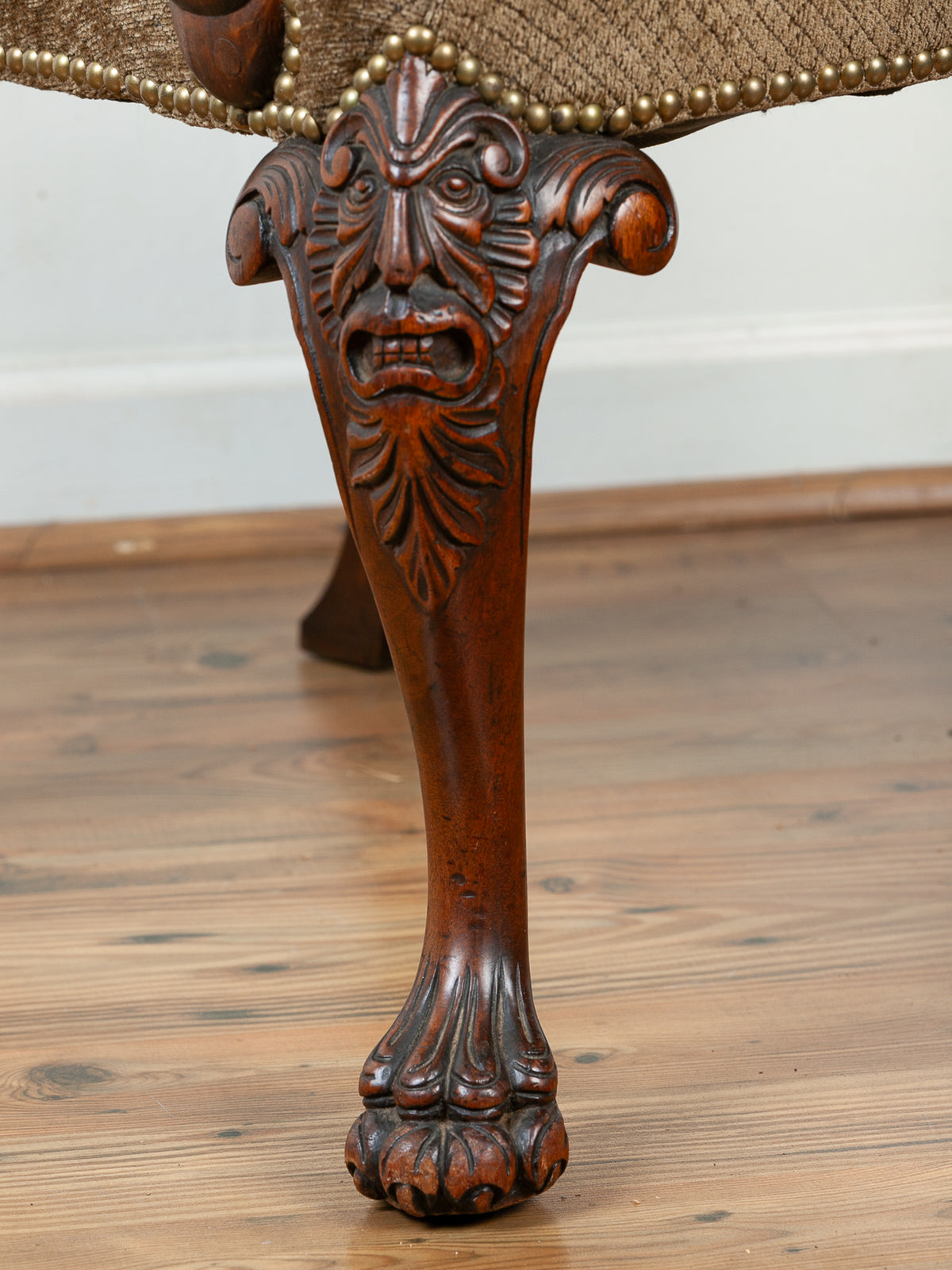 19th Century Victorian Carved Lion Head Armchair with Paw Feet & Shepherd's Crook Arms
