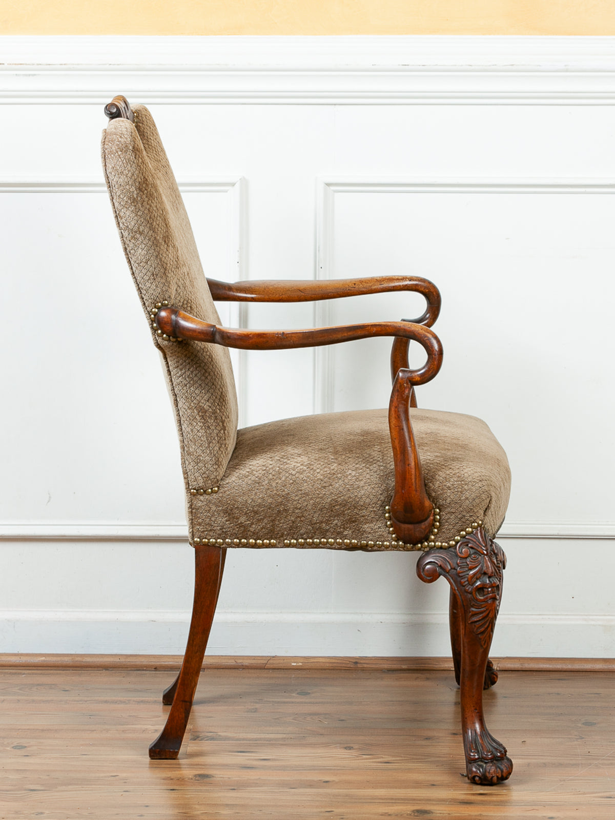 19th Century Victorian Carved Lion Head Armchair with Paw Feet & Shepherd's Crook Arms