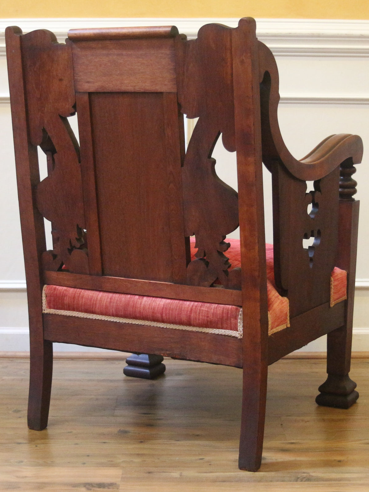 19th Century American Empire Carved Dragon Armchair with Original Red Velvet Upholstery