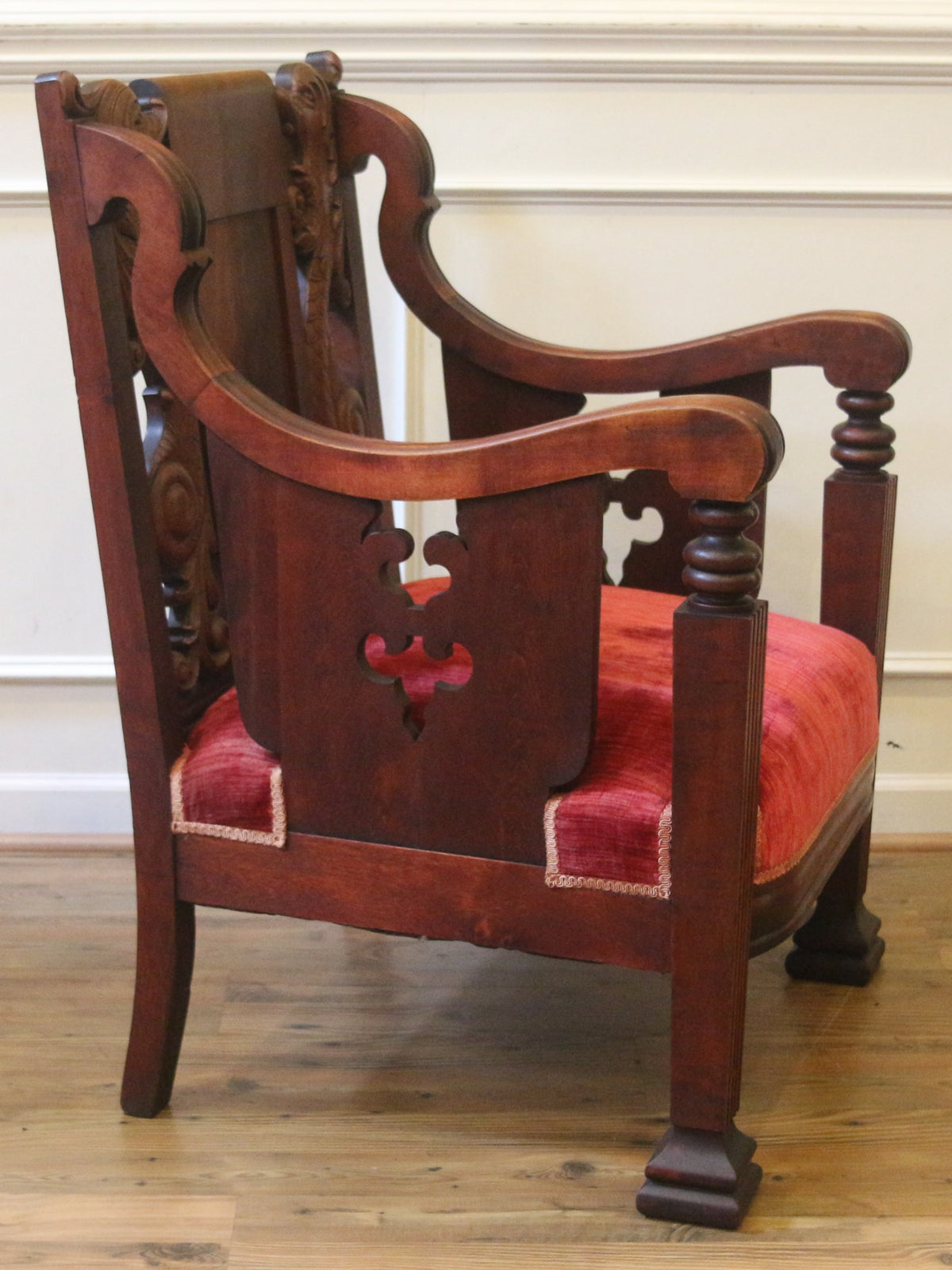 19th Century American Empire Carved Dragon Armchair with Original Red Velvet Upholstery