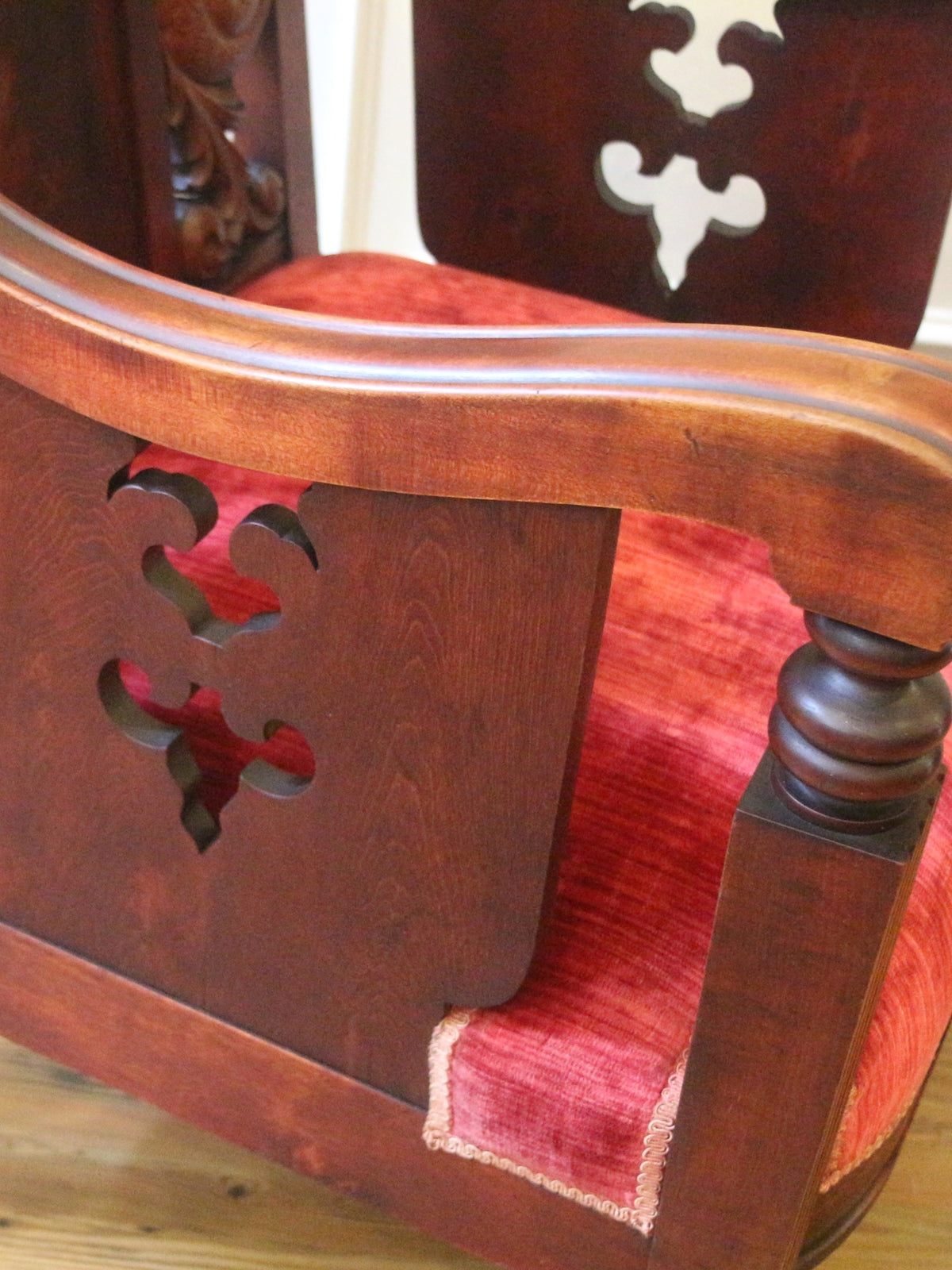 19th Century American Empire Carved Dragon Armchair with Original Red Velvet Upholstery