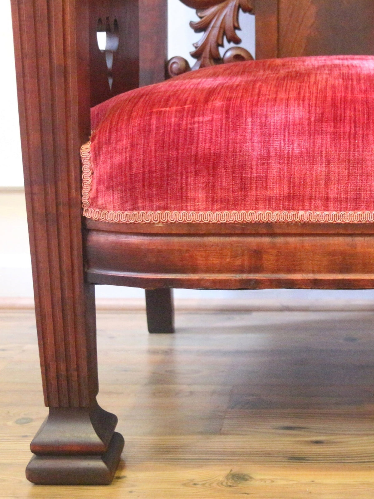 19th Century American Empire Carved Dragon Armchair with Original Red Velvet Upholstery