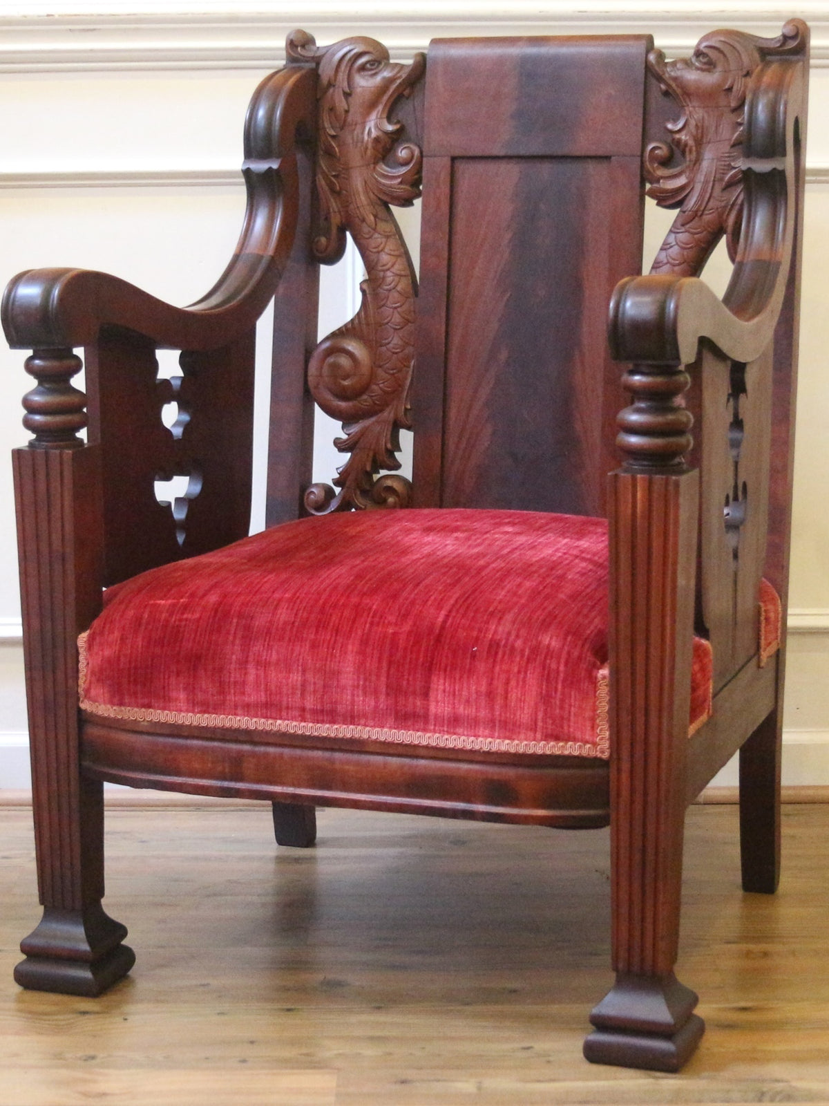 19th Century American Empire Carved Dragon Armchair with Original Red Velvet Upholstery