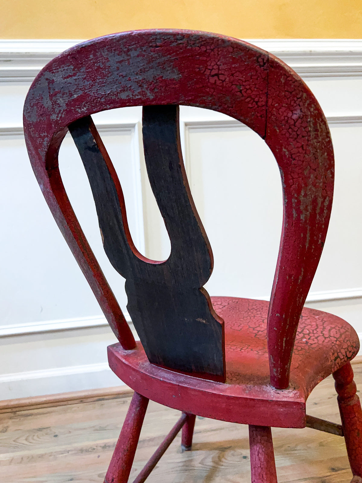19th Century Antique Red Painted Pine Dining Chair with Folk Art Floral Stenciling