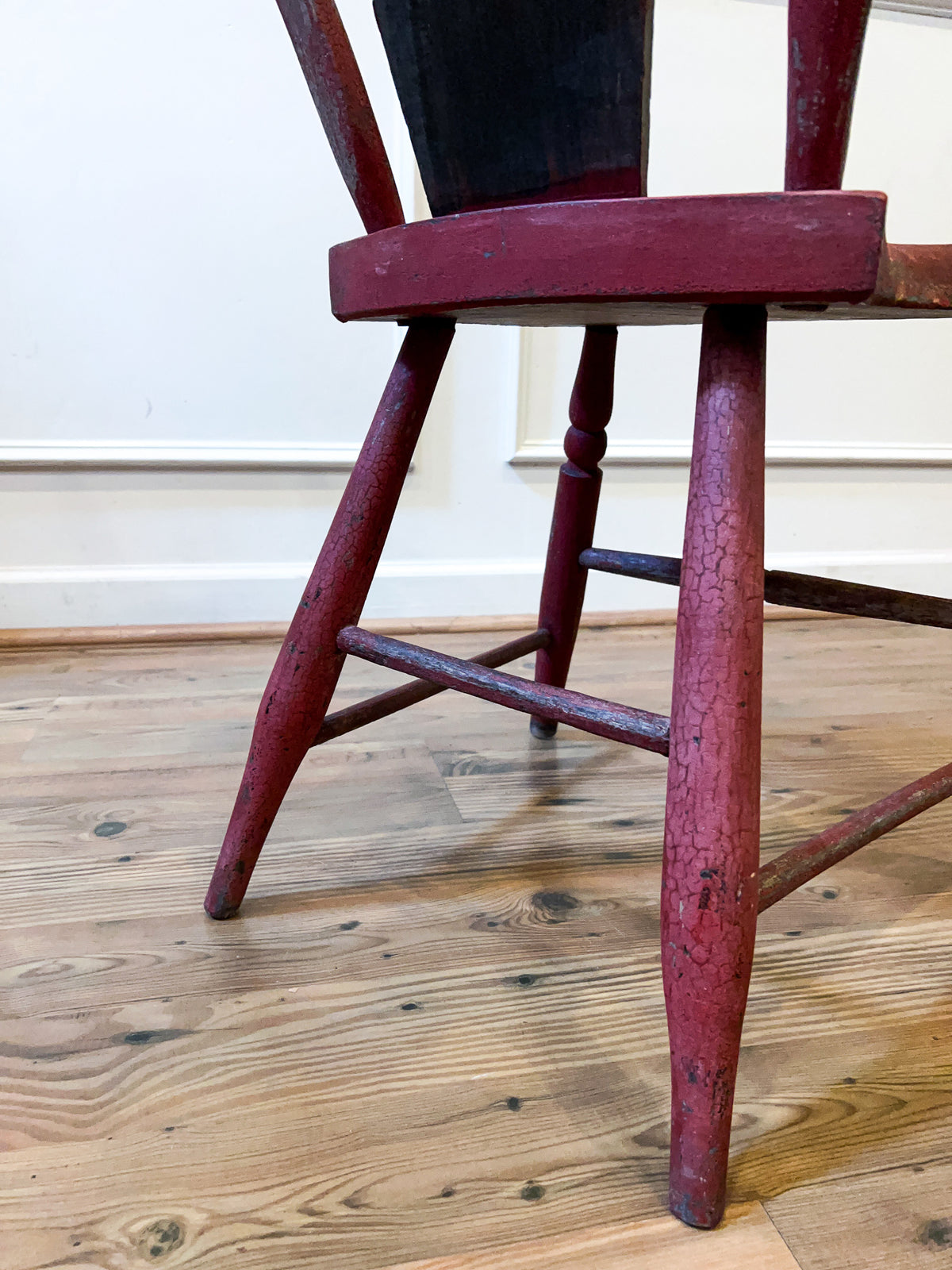 19th Century Antique Red Painted Pine Dining Chair with Folk Art Floral Stenciling
