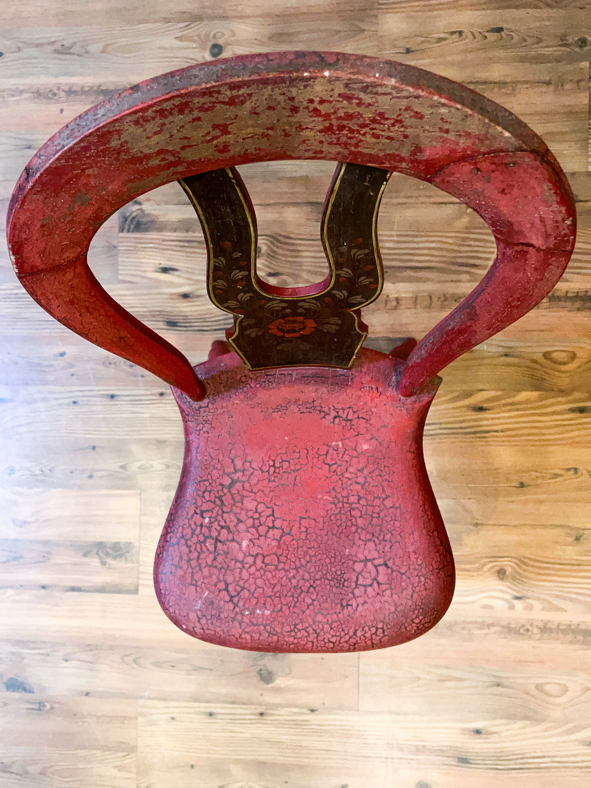 19th Century Antique Red Painted Pine Dining Chair with Folk Art Floral Stenciling