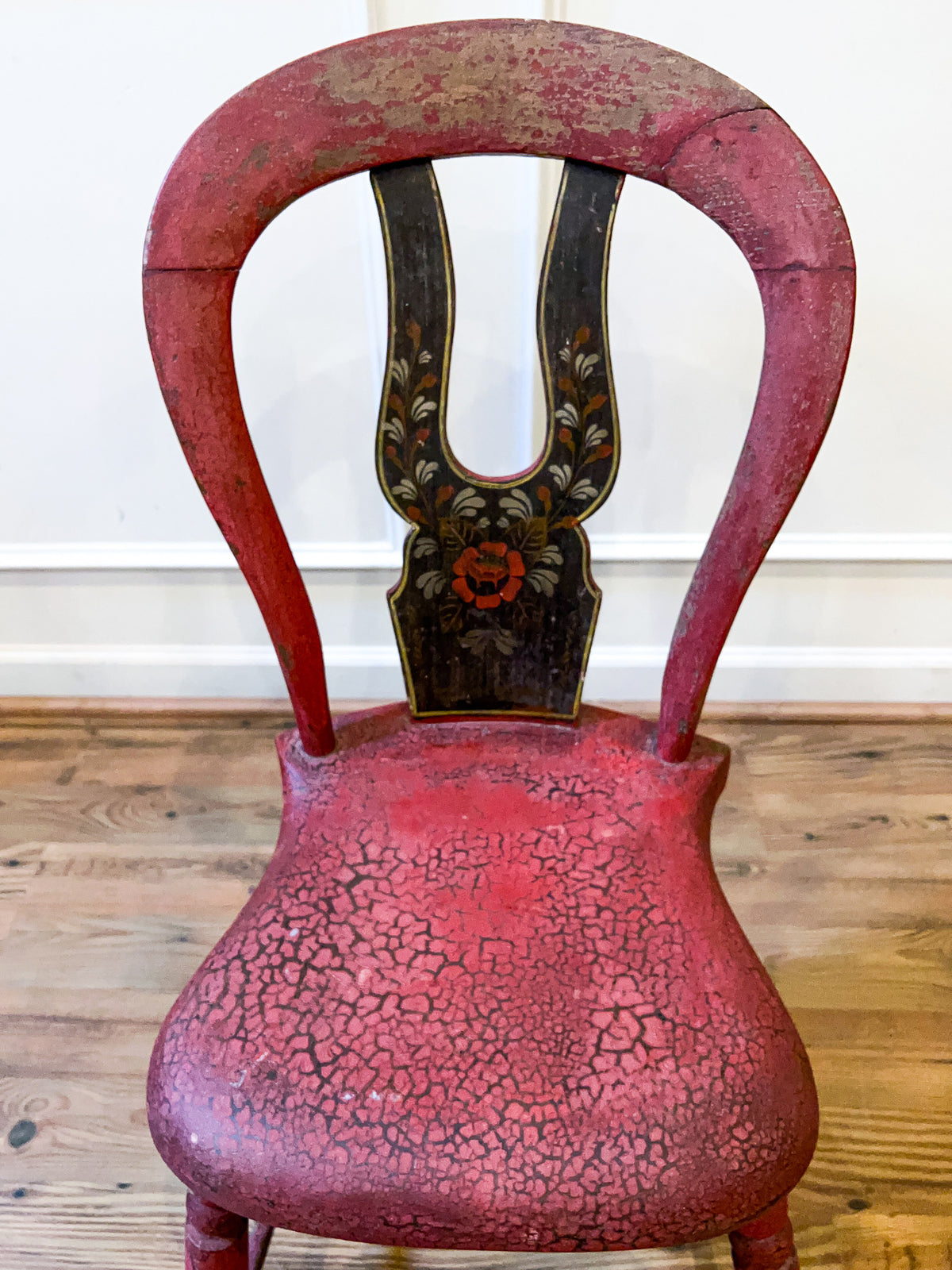 19th Century Antique Red Painted Pine Dining Chair with Folk Art Floral Stenciling