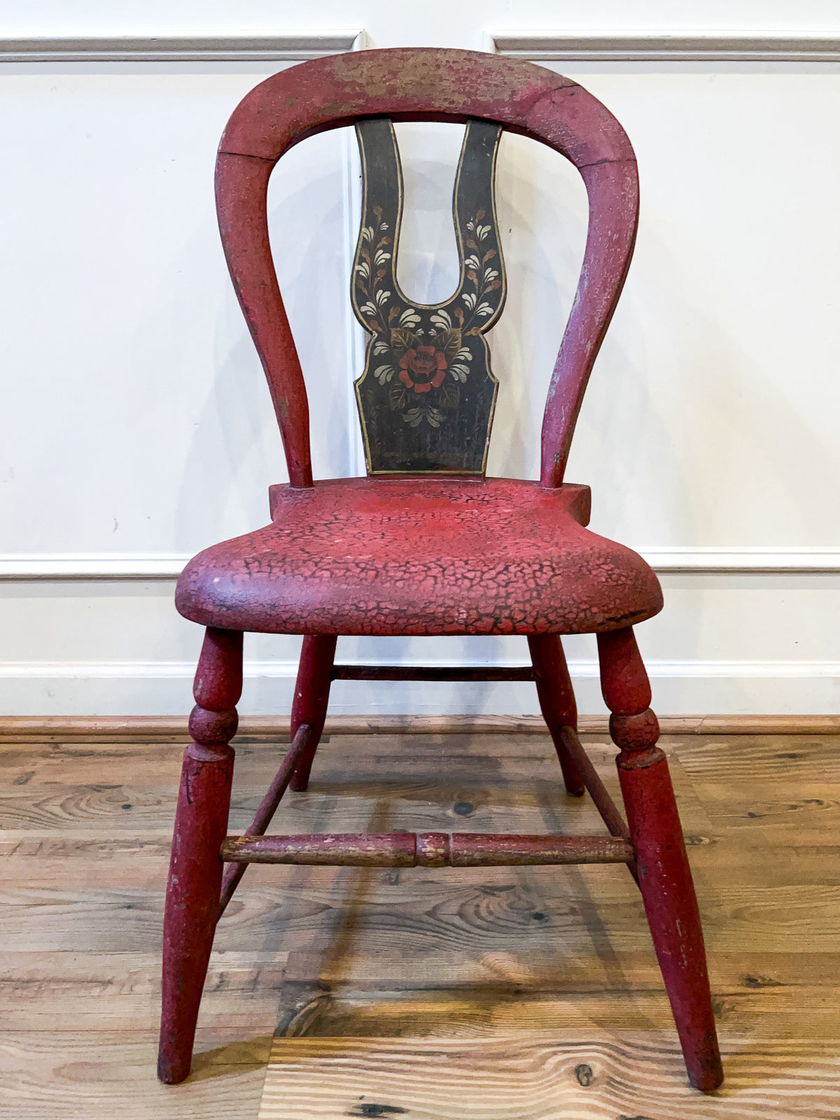 19th Century Antique Red Painted Pine Dining Chair with Folk Art Floral Stenciling