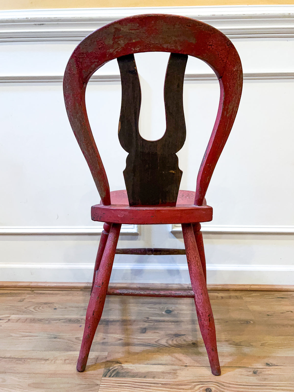 19th Century Antique Red Painted Pine Dining Chair with Folk Art Floral Stenciling