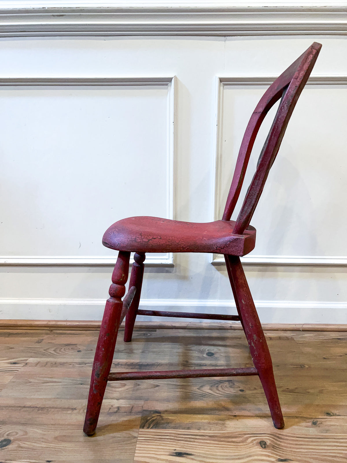 19th Century Antique Red Painted Pine Dining Chair with Folk Art Floral Stenciling