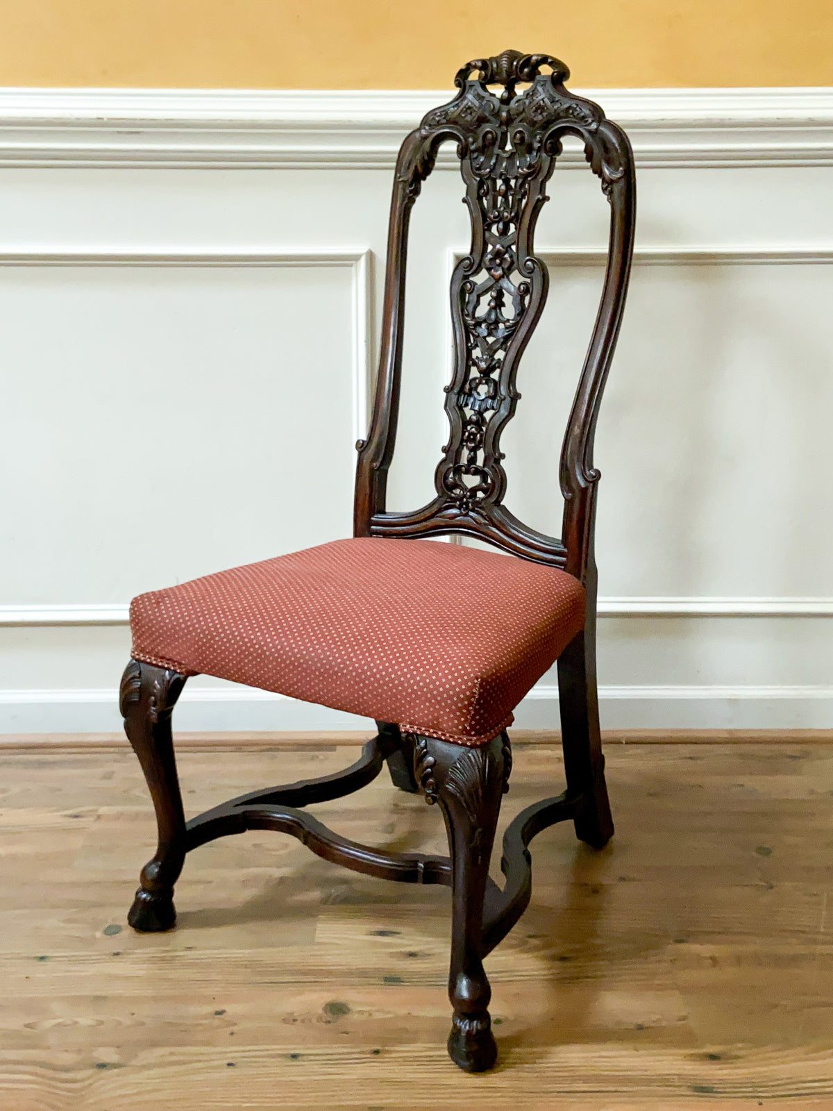 Antique Carved High Back Side Chair with Hoof Feet