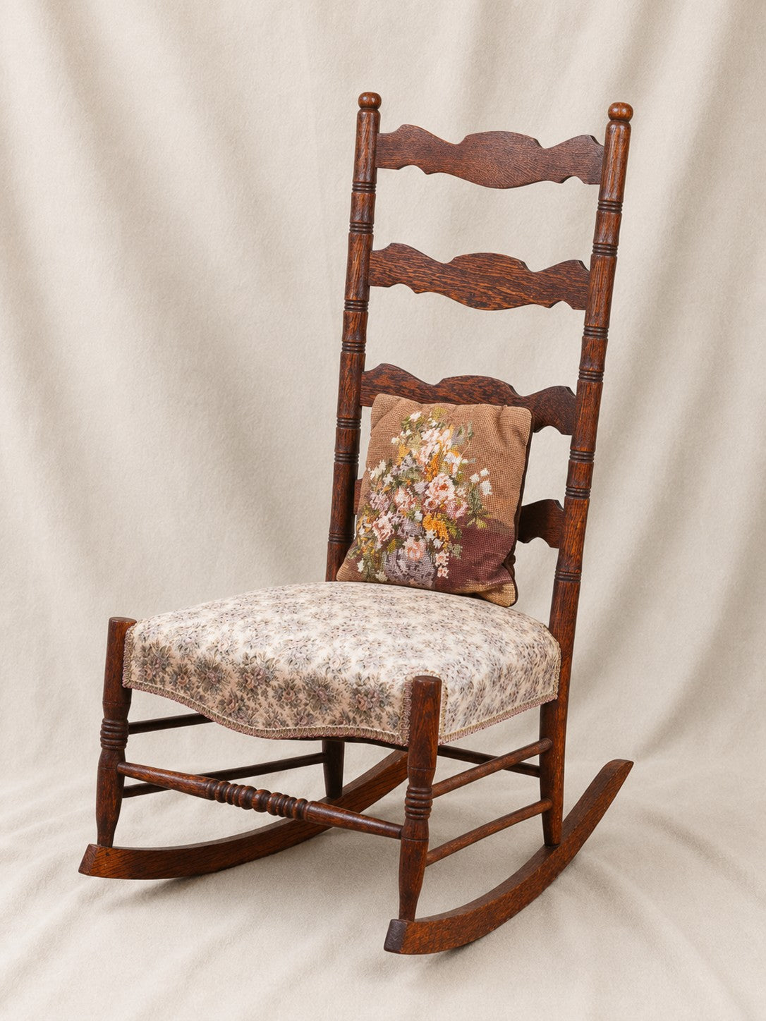 Golden Oak High Ladder Back Rocking Chair with Floral Upholstered Seat