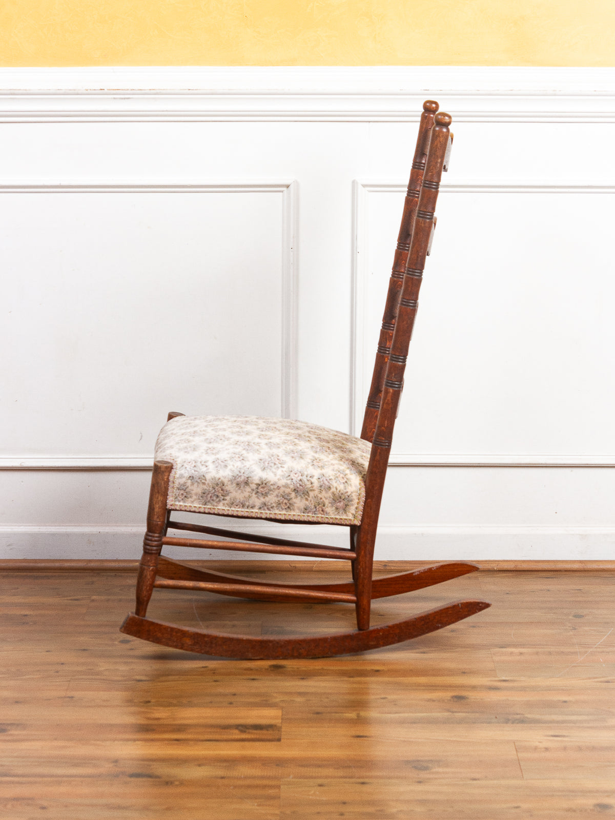 Golden Oak High Ladder Back Rocking Chair with Floral Upholstered Seat