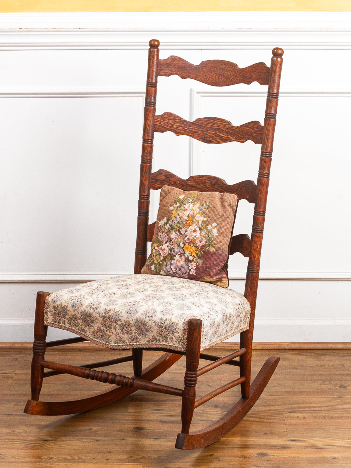 Golden Oak High Ladder Back Rocking Chair with Floral Upholstered Seat