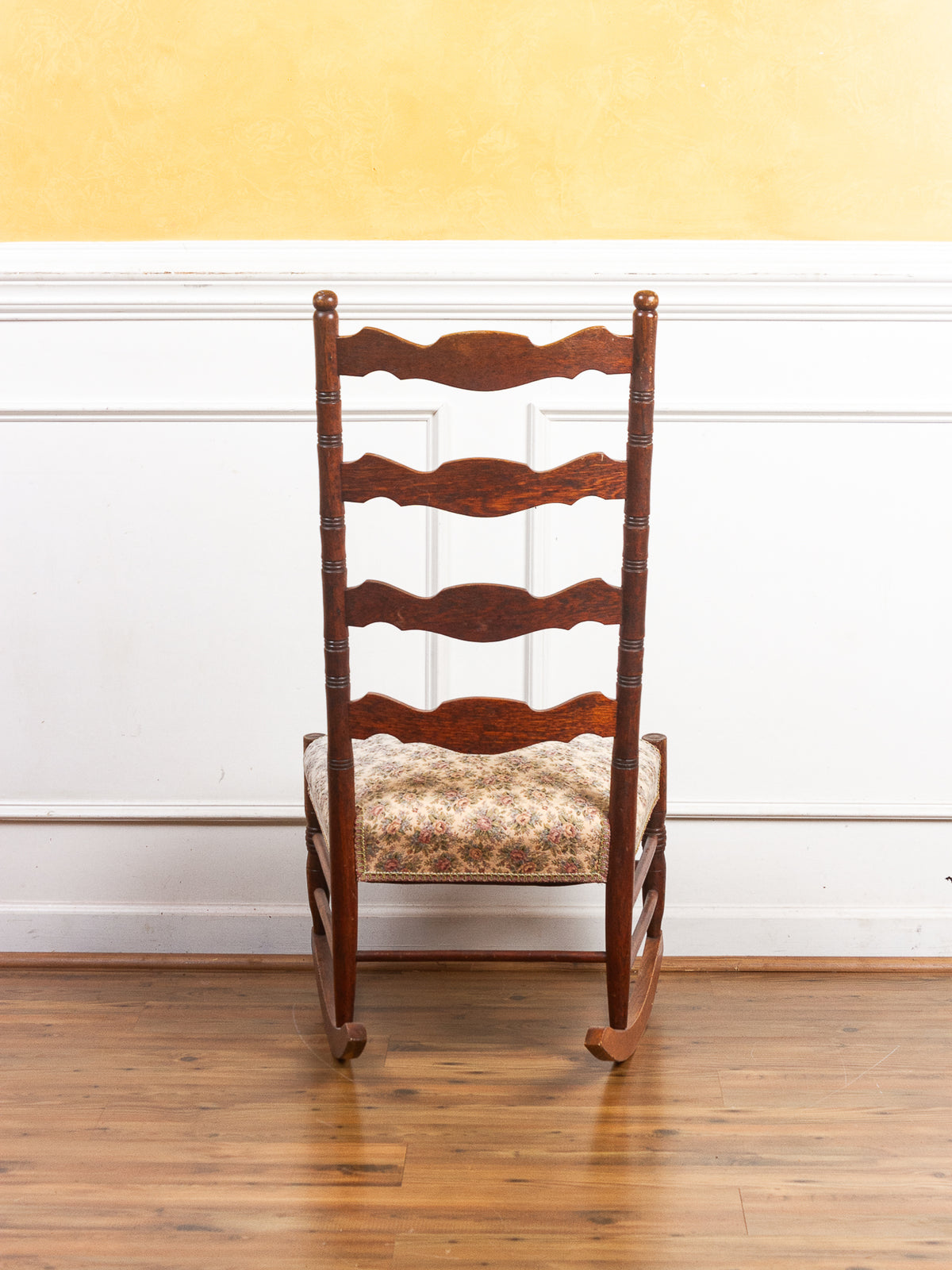 Golden Oak High Ladder Back Rocking Chair with Floral Upholstered Seat