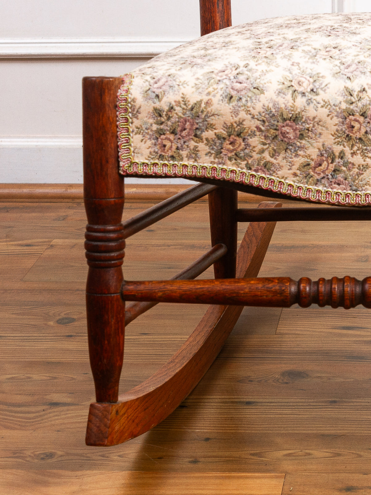 Golden Oak High Ladder Back Rocking Chair with Floral Upholstered Seat