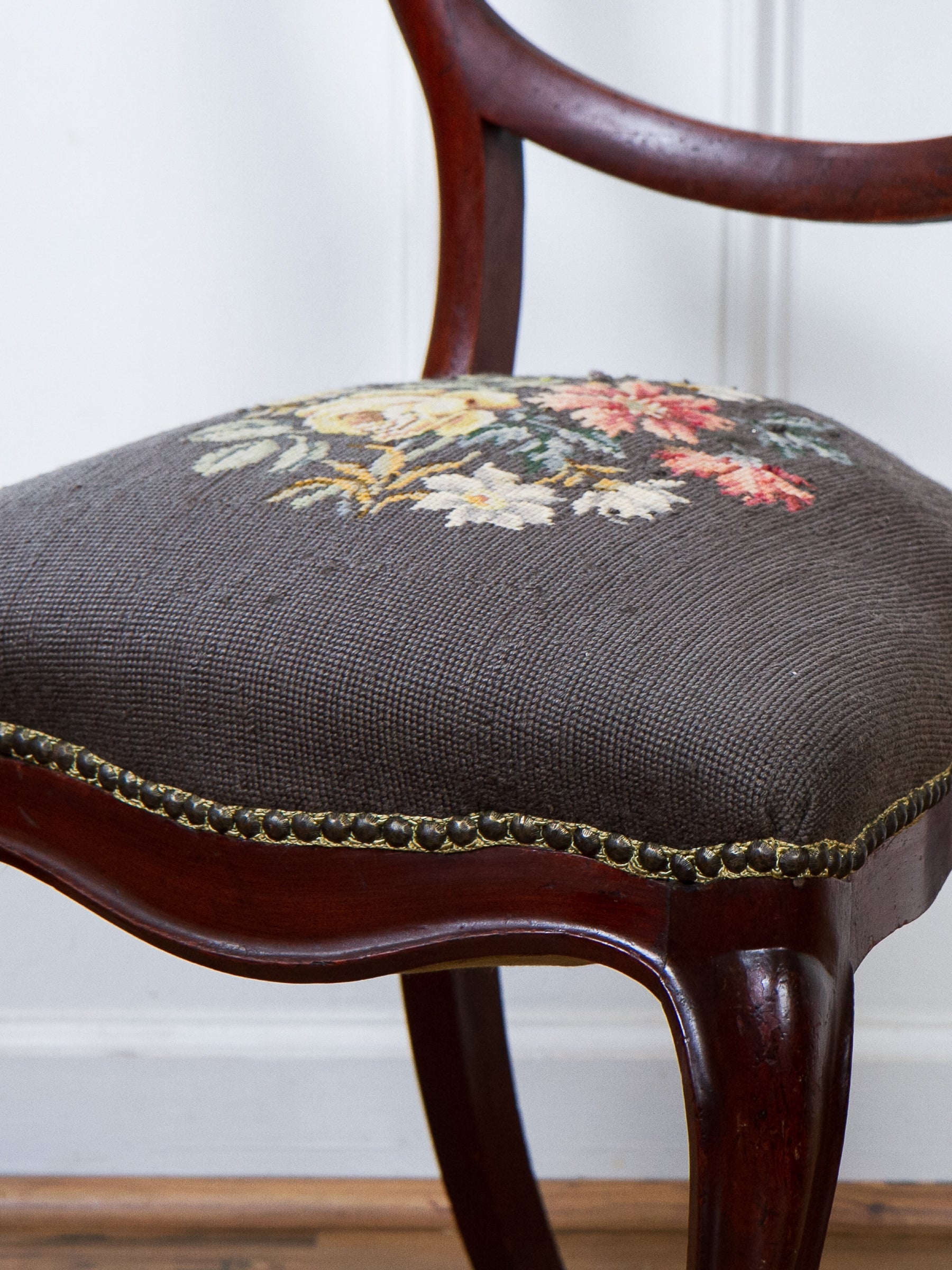 Antique Victorian Carved Walnut Side Chair With Needlepoint Seat.