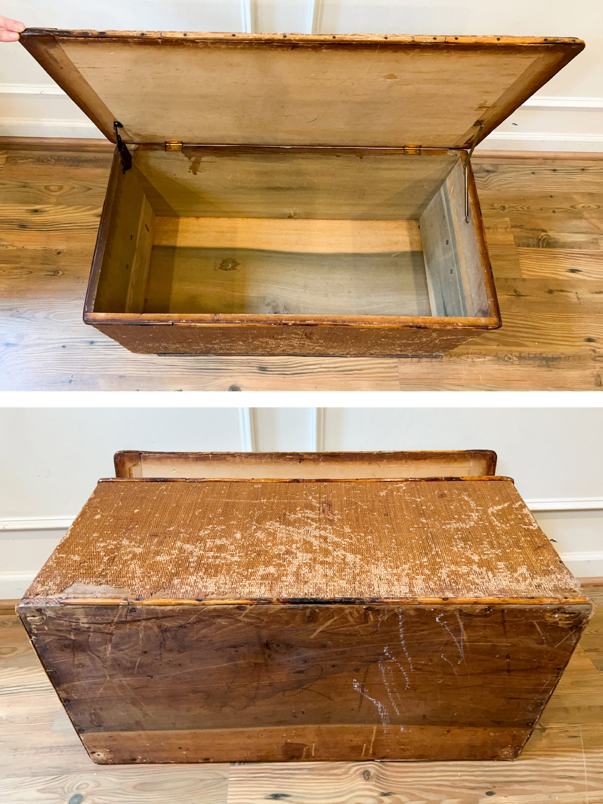 Antique 1920s Wicker-Covered Cedar Storage Chest with Bamboo Trim & Black Iron Handles