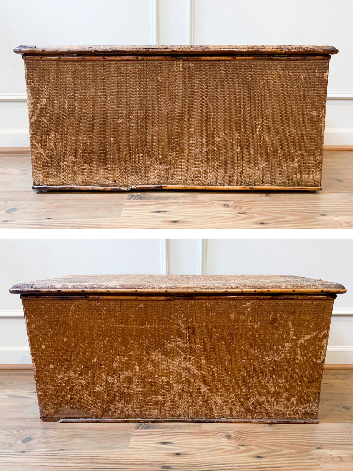 Antique 1920s Wicker-Covered Cedar Storage Chest with Bamboo Trim & Black Iron Handles
