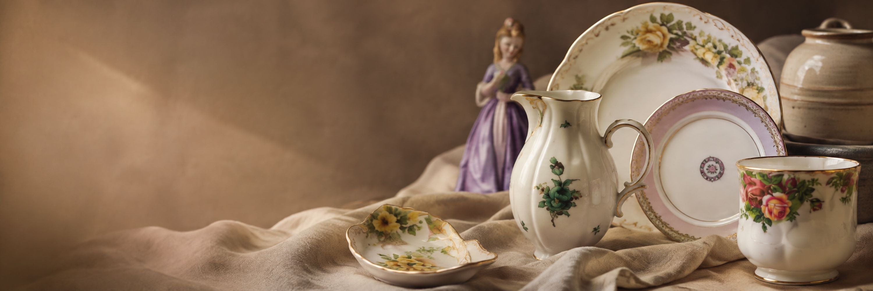 Antique porcelain pitcher, floral china plates, pottery, trinket dish and porcelain figurine arranged on warm neutral linen.