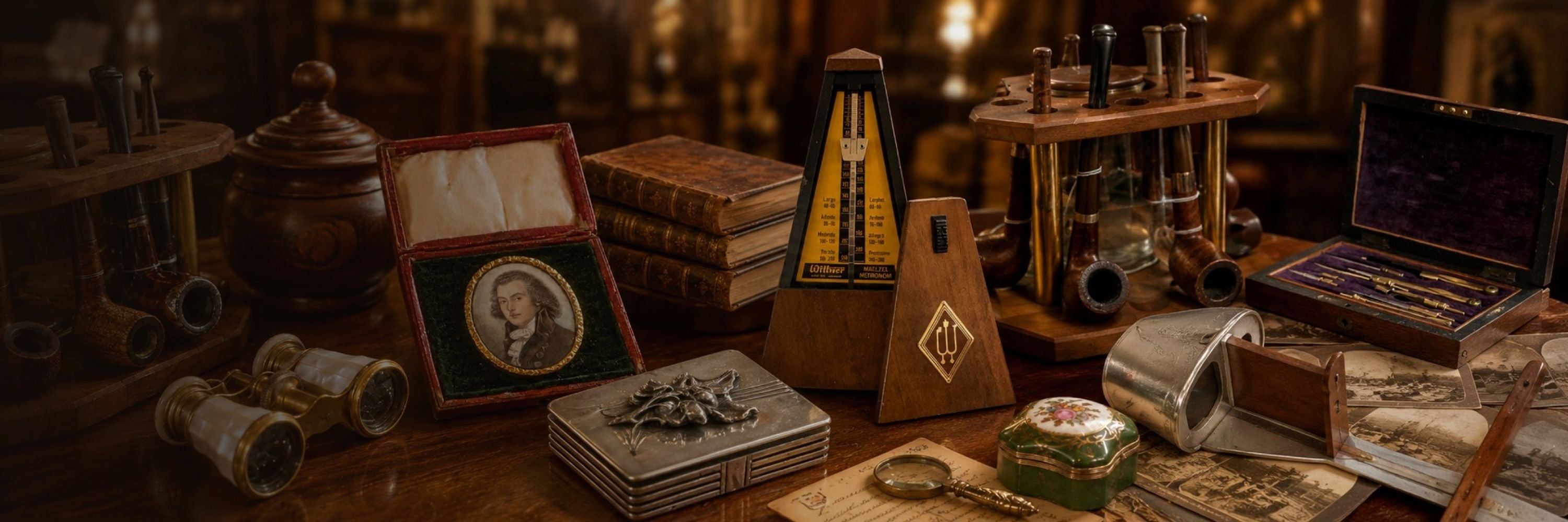 Antique curiosities arranged on a wooden table, including smoking pipes, opera glasses, a metronome, miniature portrait and vintage writing instruments.