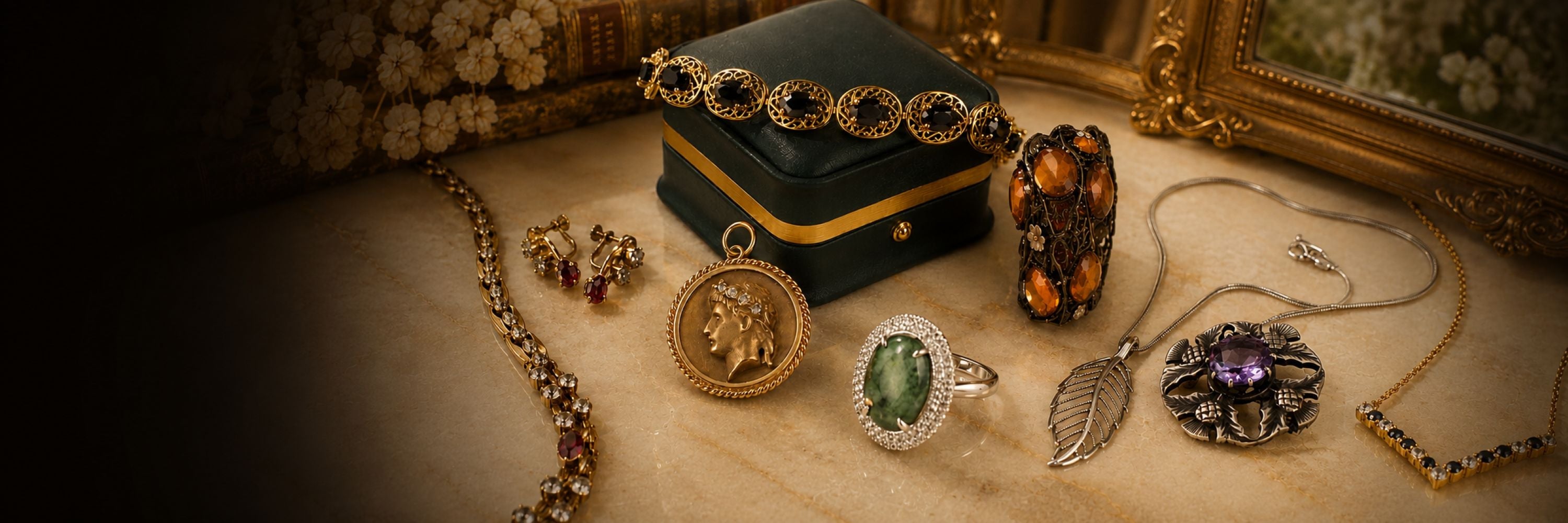 Collection of antique and vintage jewelry arranged on a marble surface, including bracelets, necklaces, rings, earrings and pendants.