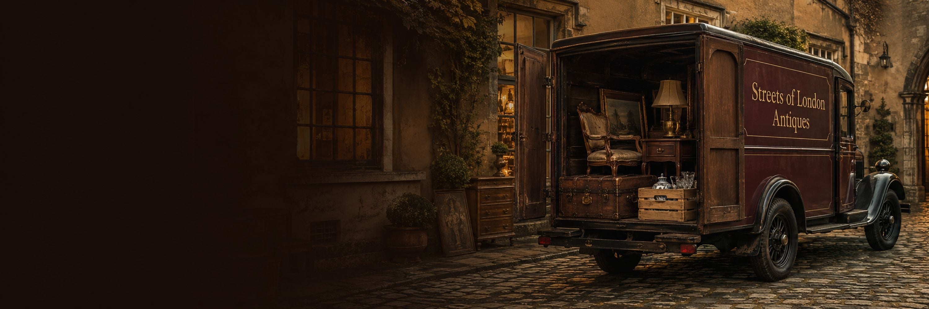 Vintage Streets of London Antiques delivery truck with open rear doors revealing newly arrived furniture, artwork and decorative antiques