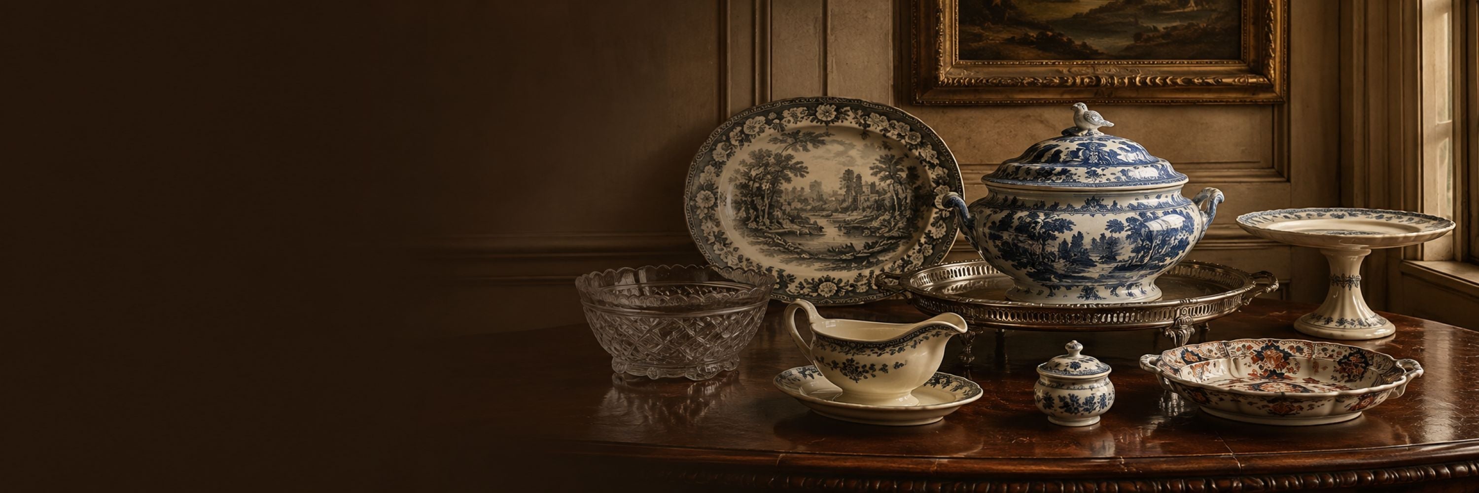 Antique serveware display featuring a covered tureen, serving platter, crystal bowl, gravy boat, cake stand and decorative dishes.