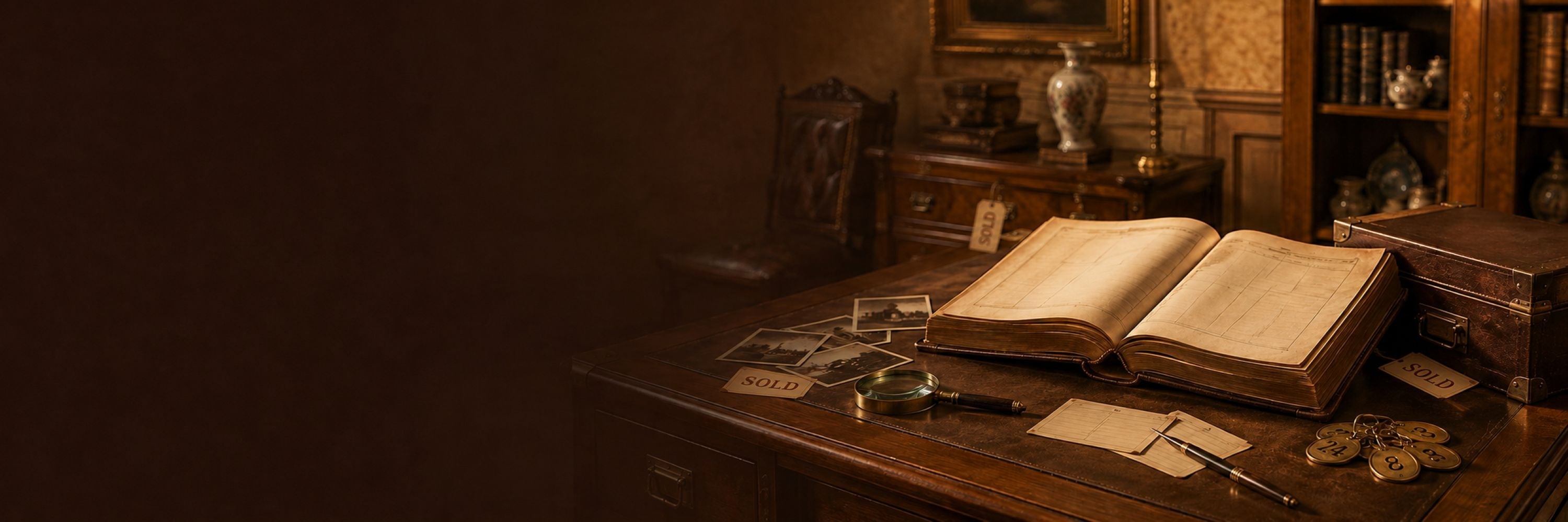 Antique inventory ledger, photographs and brass tags displayed with vintage SOLD tickets in a warmly lit antique shop.