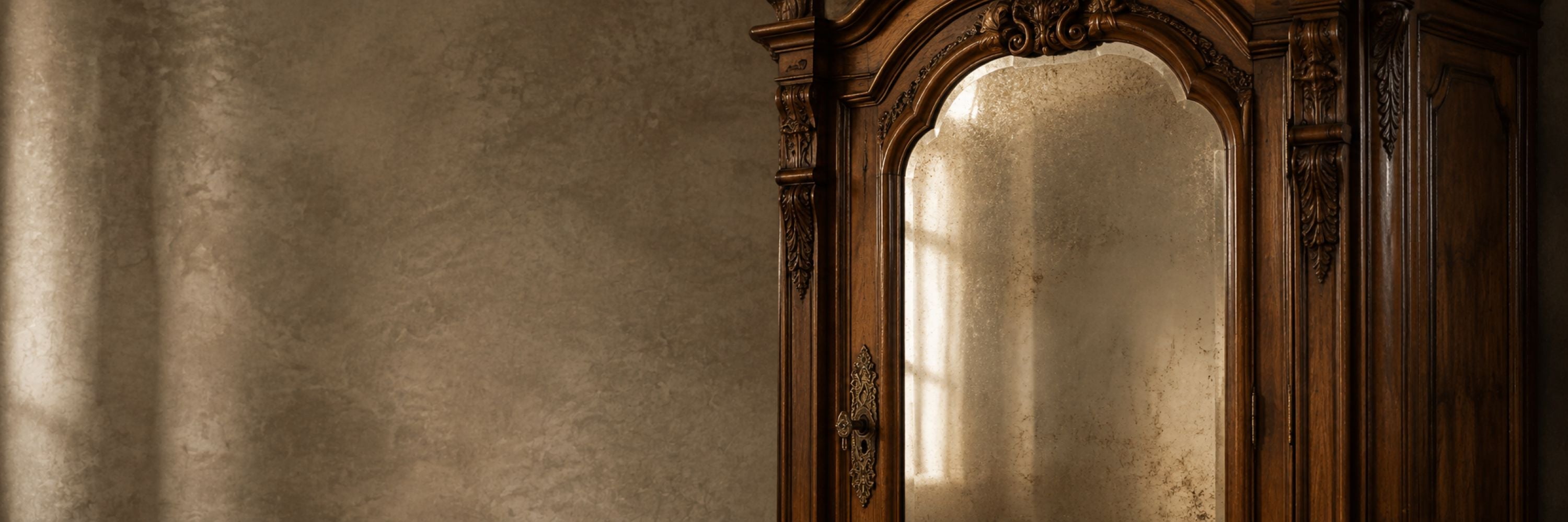 Close-up of an ornate antique wooden armoire with carved detailing, aged mirrored door and brass hardware.”