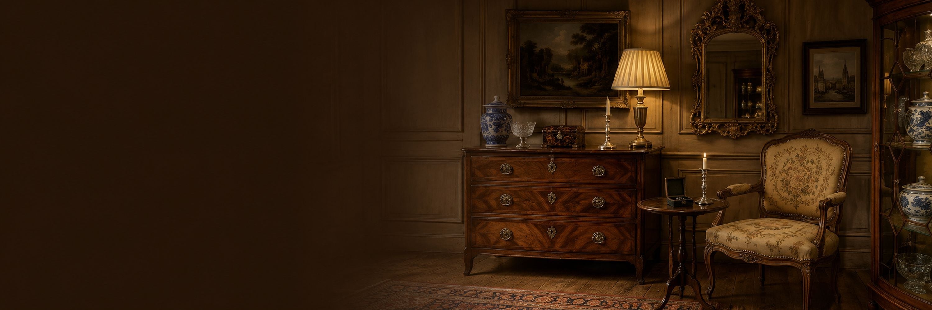 Curated antique showroom featuring furniture, artwork, porcelain, crystal, silver, lighting and decorative accessories.