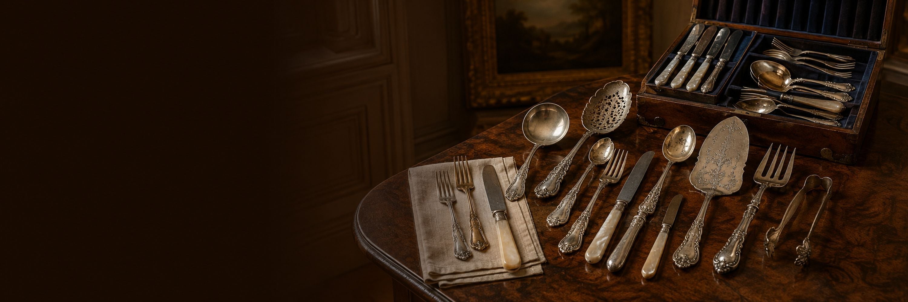 Antique silver flatware and serving utensils displayed beside a velvet-lined wooden cutlery canteen.