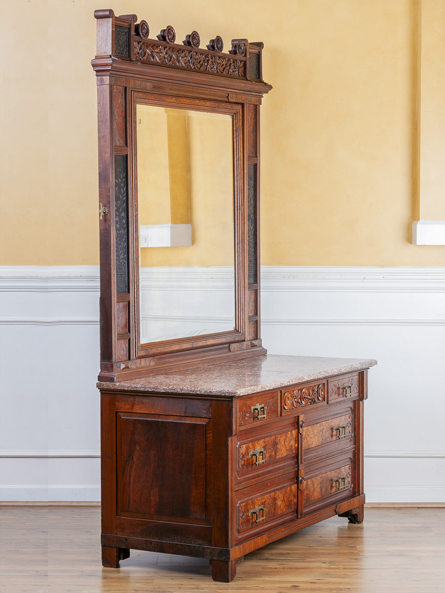 Herts Brothers Aesthetic Movement Burled Walnut & Marble Top Dresser, c.1880