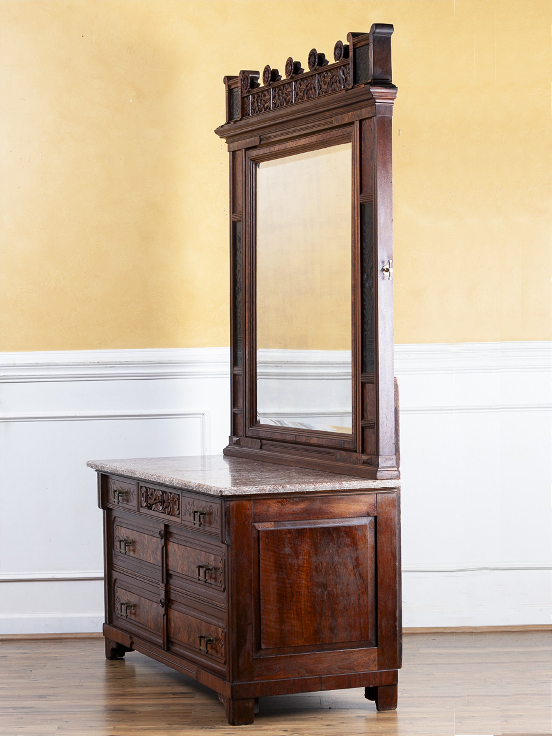 Herts Brothers Aesthetic Movement Burled Walnut & Marble Top Dresser, c.1880