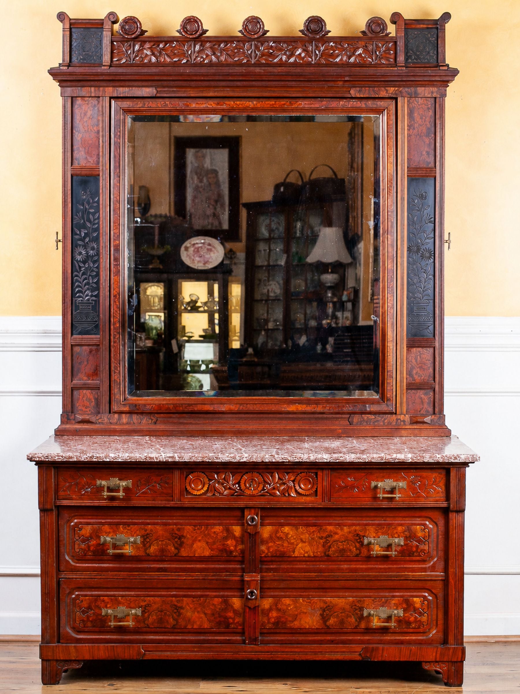 Herts Brothers Aesthetic Movement Burled Walnut & Marble Top Dresser, c.1880