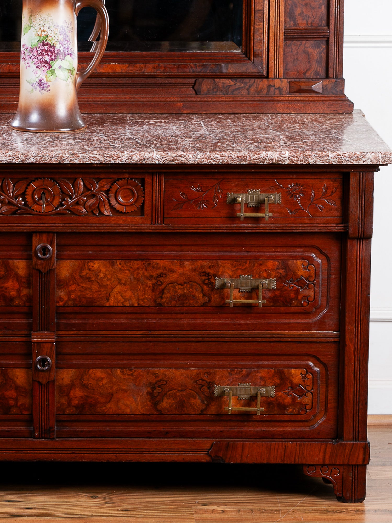 Herts Brothers Aesthetic Movement Burled Walnut & Marble Top Dresser, c.1880